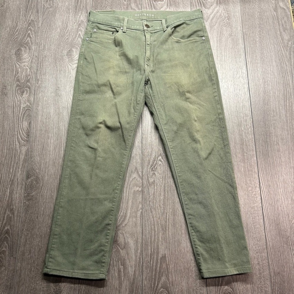 Mott & Bow Mens Slim Fit Olive Green Twill Pants 33x30 (Tagged 33x32)